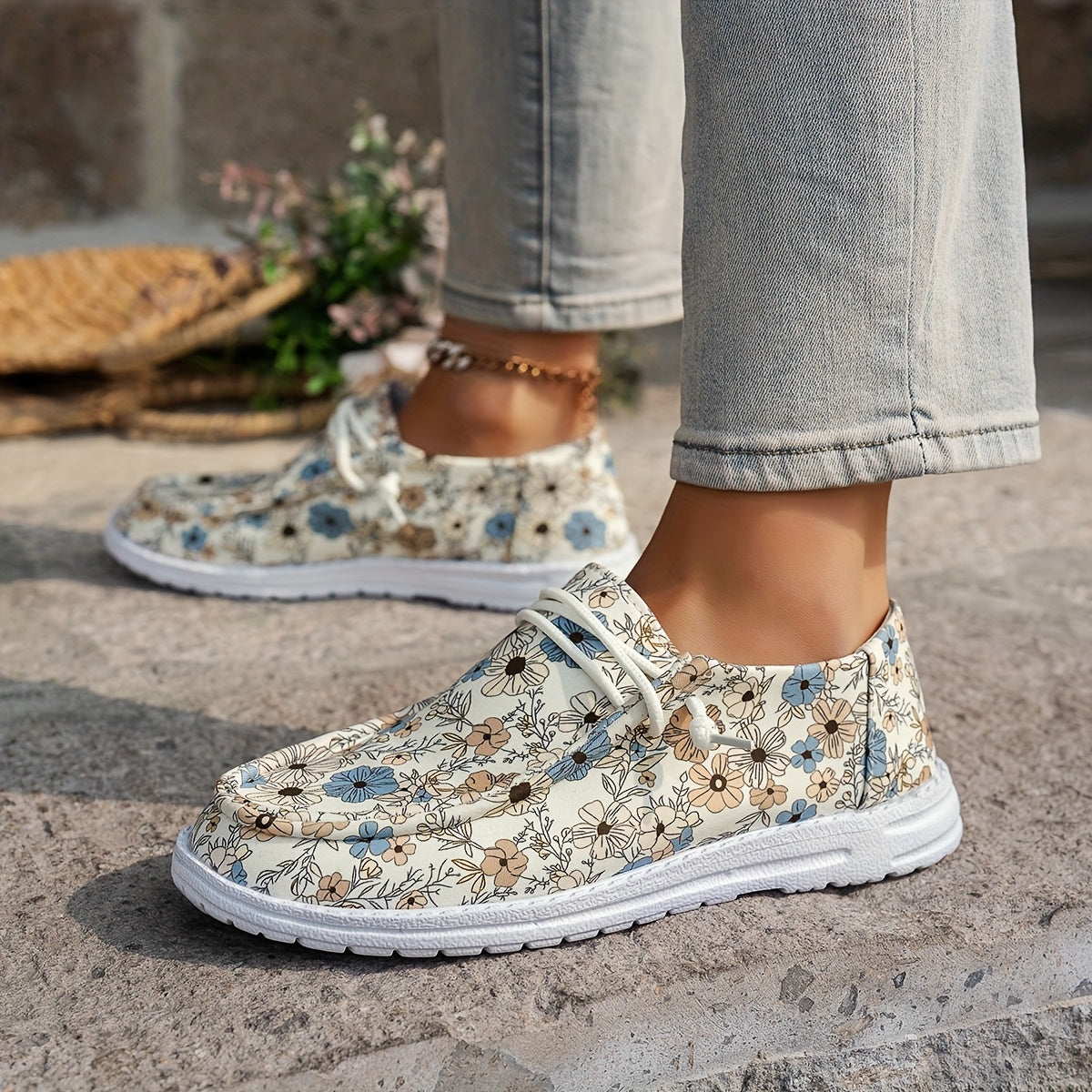 Women's Floral Print Loafers Slip-On Mules with Elastic Laces EVA Sole