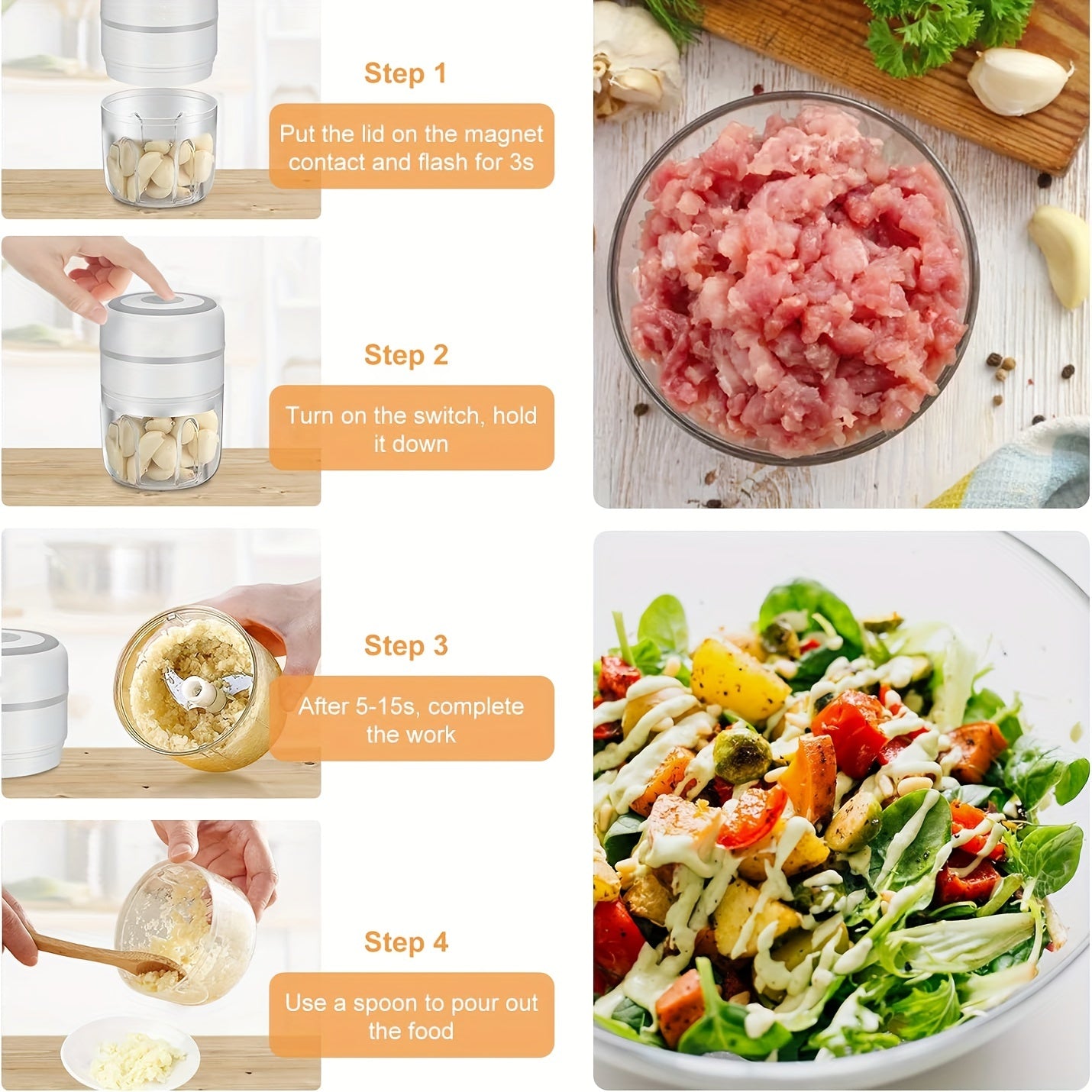 Mini Electric Garlic Chopper Portable Food Processor 250ml Rechargeable