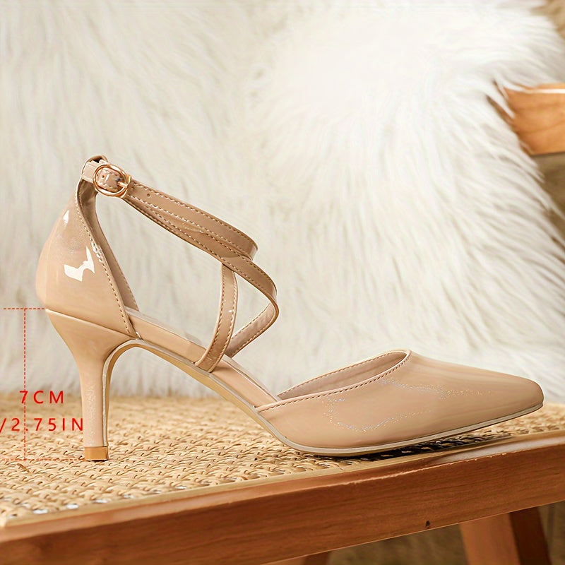 Women's Pointed Toe Stiletto Shoes Nude Cross Strap Ankle Buckle Comfortable