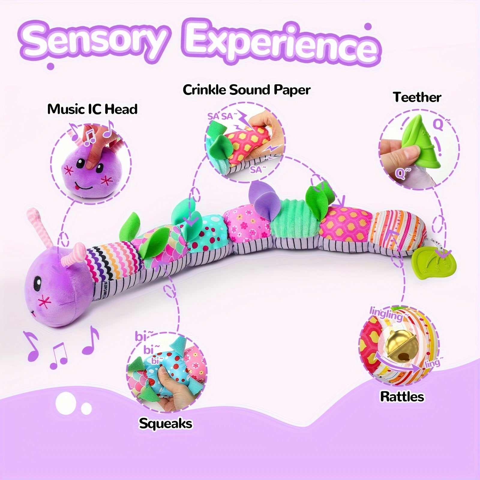 Baby Musical Stuffed Animal Toy for 0-12 Months Purple Caterpillar Crinkle Rattle Tummy Time