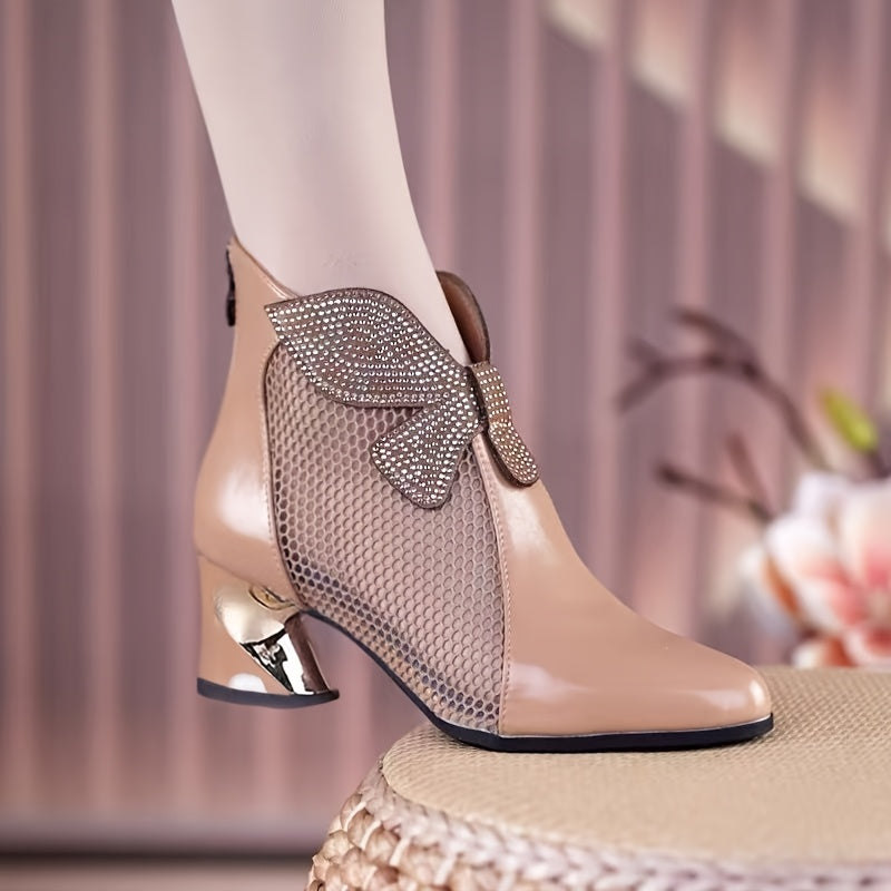 Women Mesh Boots With Rhinestones, Pointed Toe, Zipper Closure