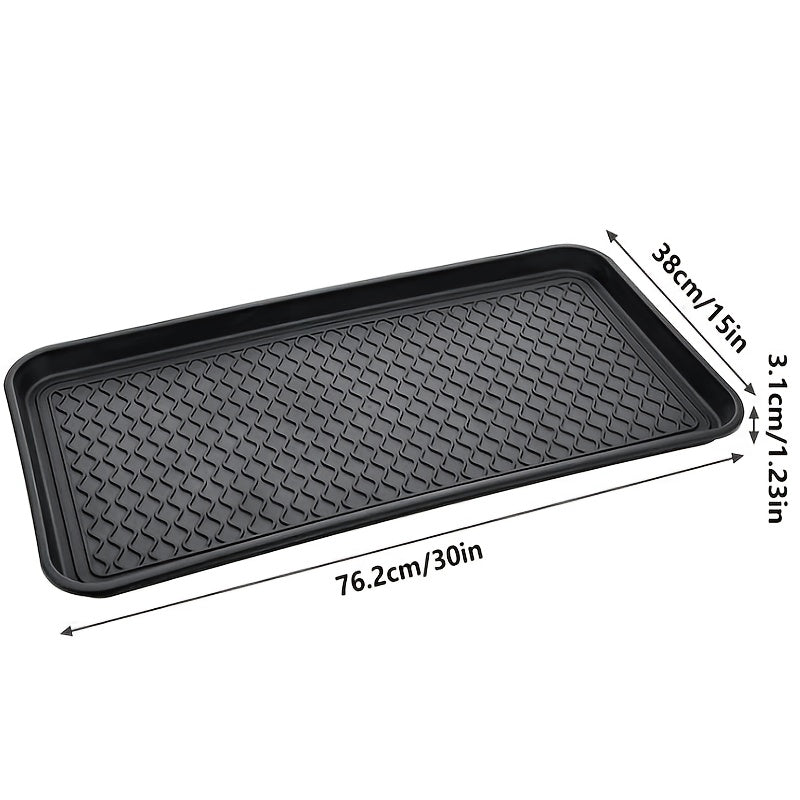 1 dona suv o'tkazmaydigan to'rtburchak shaklidagi qora plastik idish, yomg'irli mavsumda poyabzallar uchun ko'tarilgan chetlar bilan, pollarni ifloslik va suv dog'laridan himoya qilish uchun.