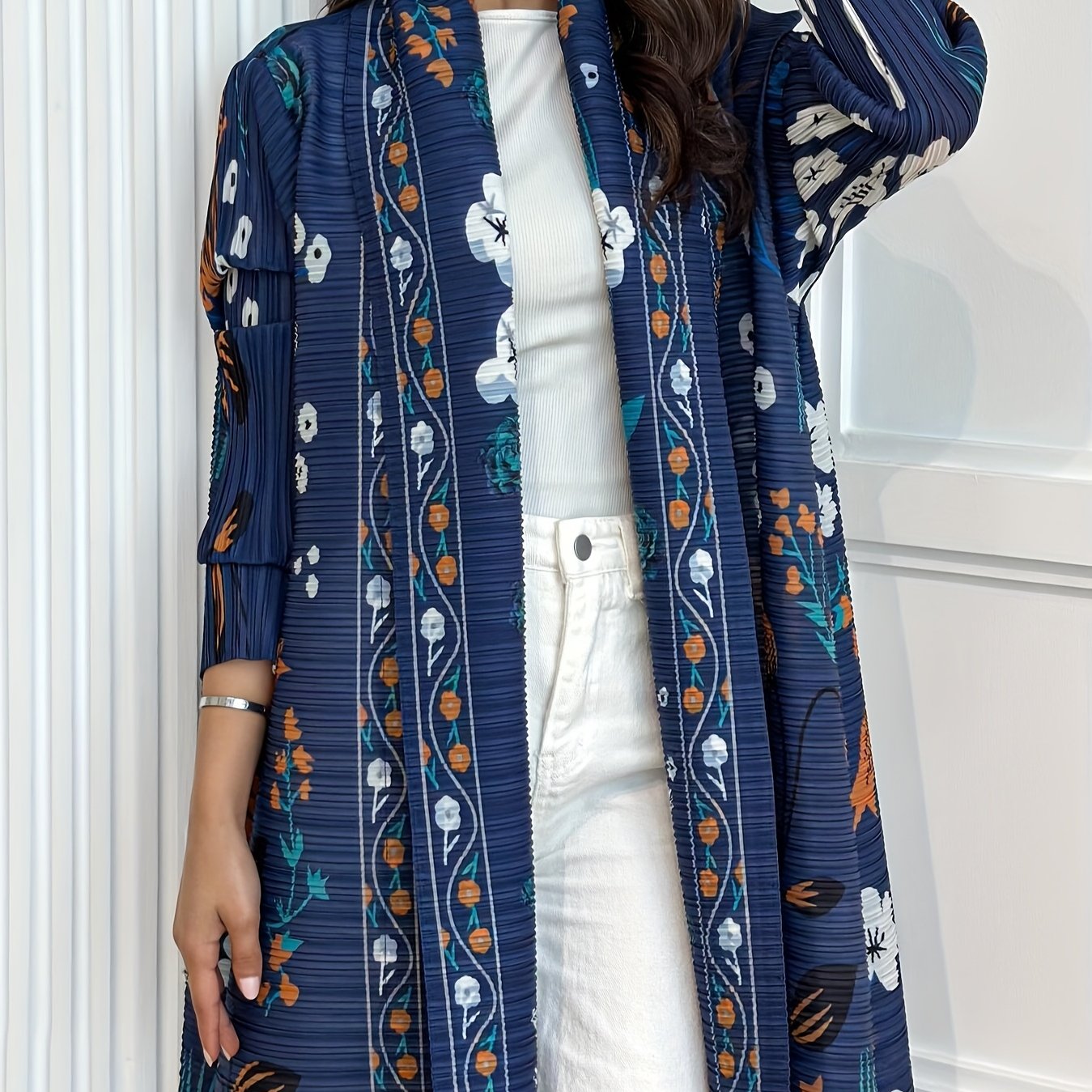 Ayollar uchun bosma uzun kofta, uzun qoʻl, erkin fit, nafis dam olish kiyimi