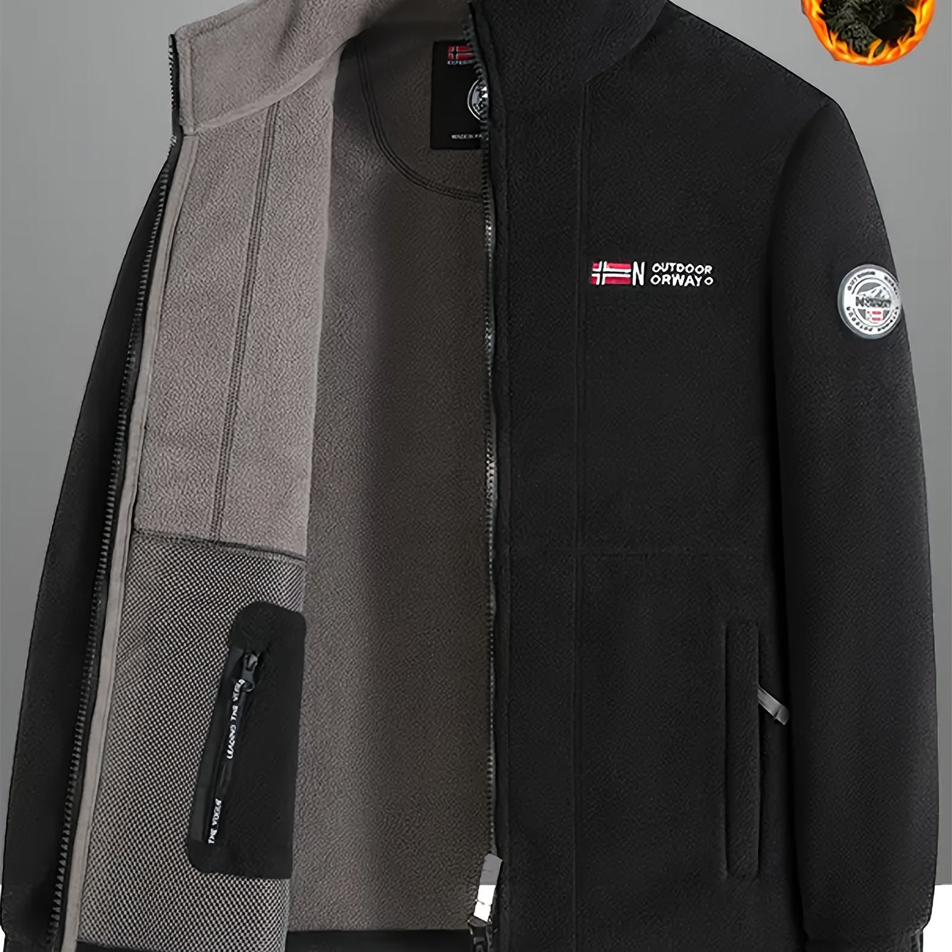 Men's Fleece-Lined Jacket with Embroidered Detailing in Black and Gray Winter Casual Zipper Stand Collar Side Pockets