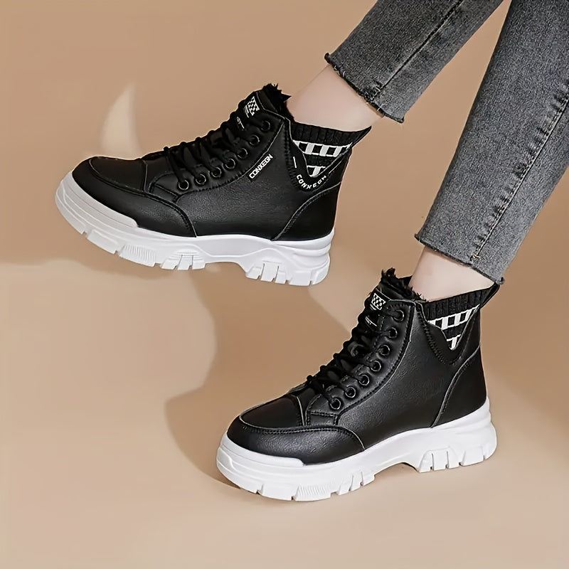Women's Thick Sole Ankle Boots Warm Fleece Winter Lace-Up