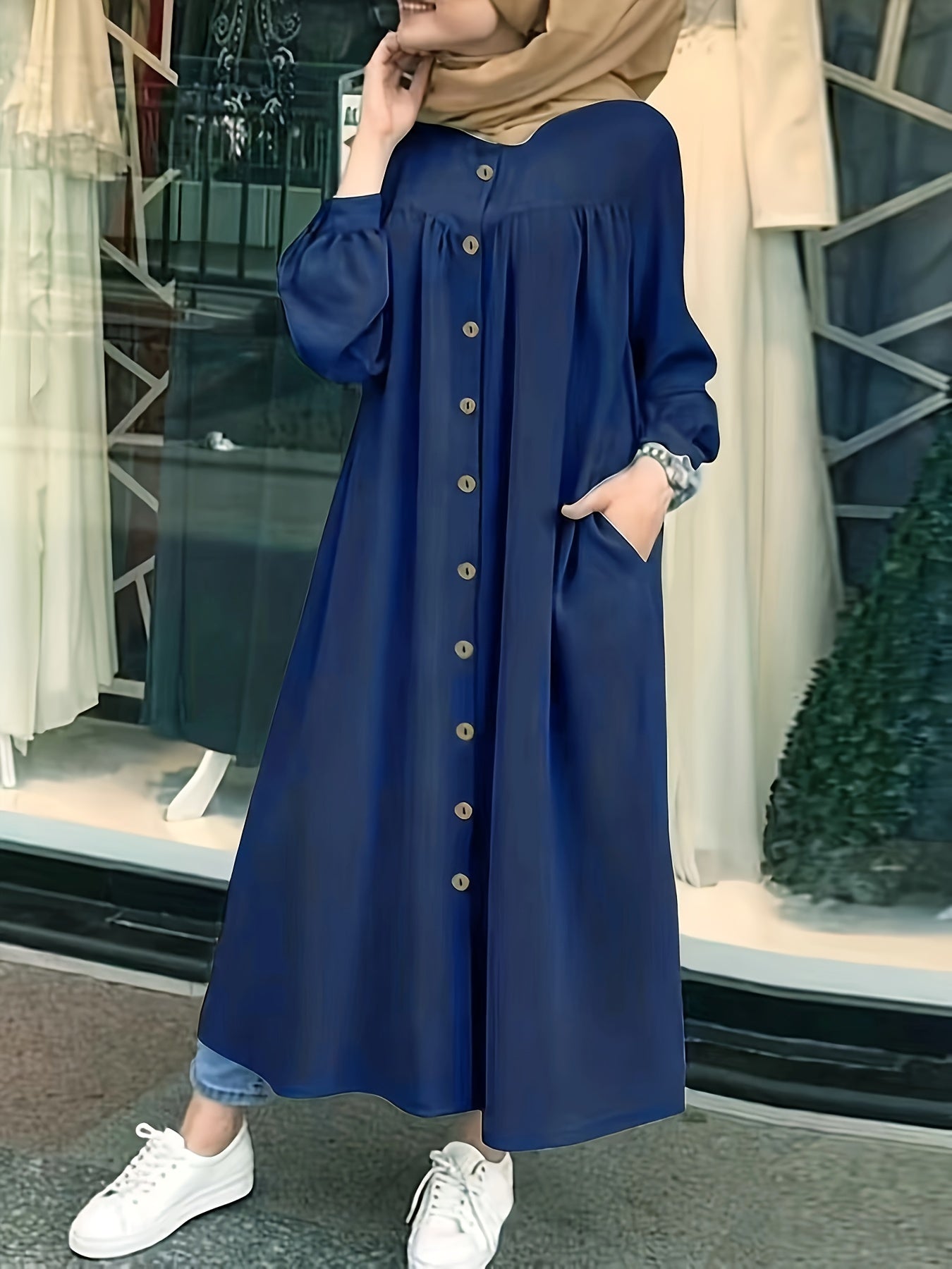 Middle Eastern Abaya Dress Long Open Collar Solid Polyester Casual