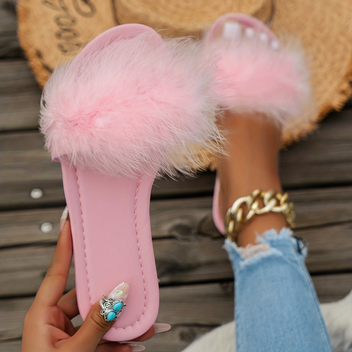 Women's Fluffy Feather Slides Open Toe Single Band Flats Casual Sandals
