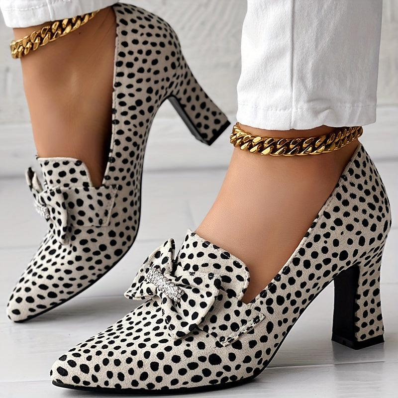 Women's Cheetah Print Pumps Rhinestone Bow Slip-On Pointed Toe Chunky Heels
