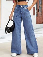 Women's Wide Leg Denim Pants with Medium Stretch and Elastic Waist for Casual All-Season Wear
