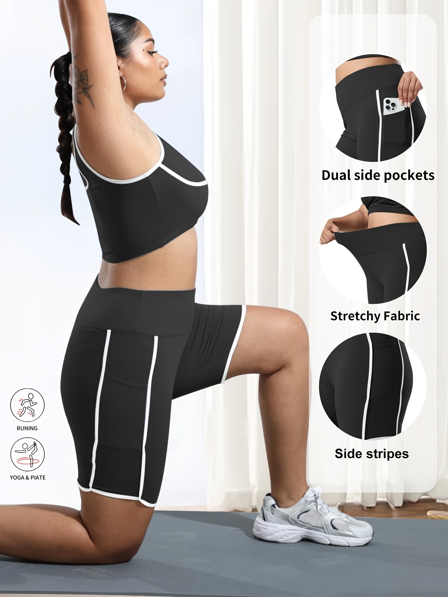 Plus Size High-Waisted Gym Shorts with Tummy Control Side Pockets White