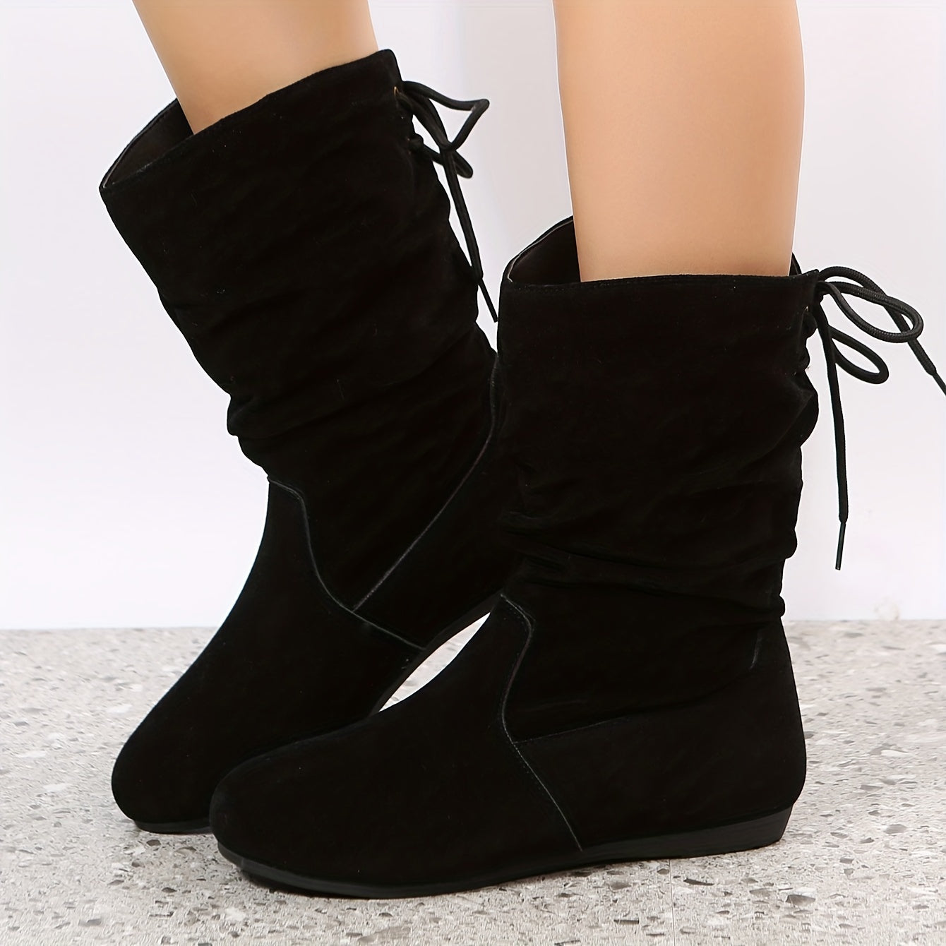 Women's Lace-Up Flat Boots with Round Toe Non-Slip Rubber Sole Solid Color