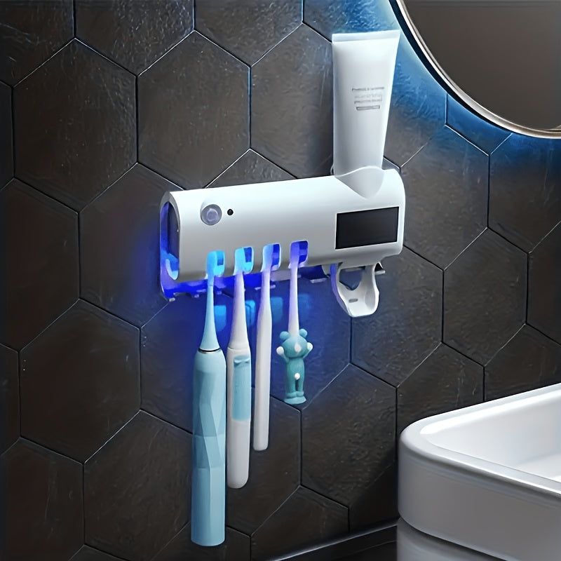 White Smart Toothbrush Holder with Automatic Toothpaste Dispenser Wall-Mounted Rechargeable Bathroom Organizer