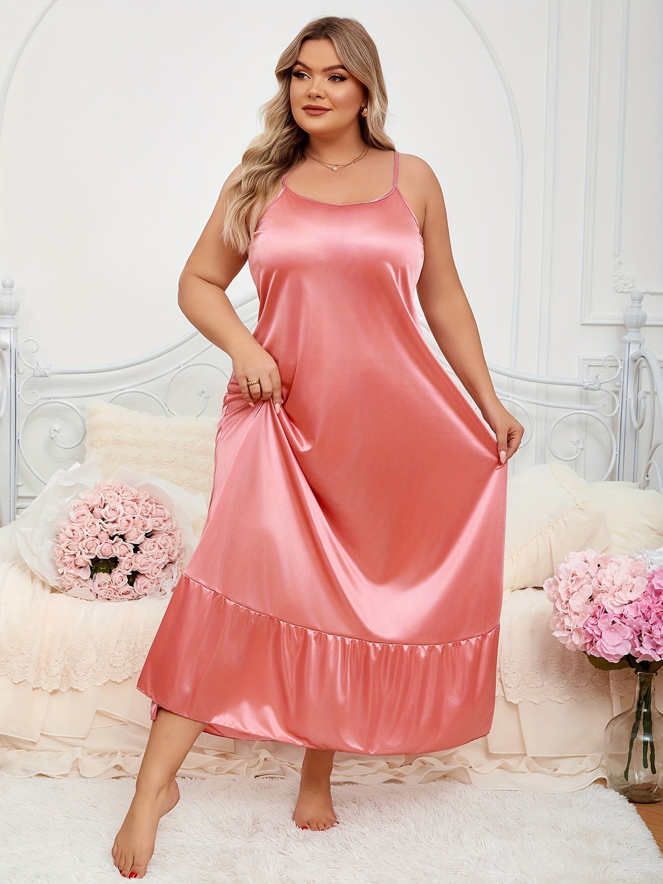 Women's Plus Size Satin Sleep Dress with Ruffle Hem and Round Neck