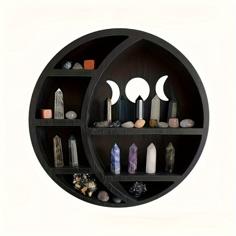 Gothic Wooden Moon Shelf with Crystal Crescent Display Vintage Organizer for Living Room Kitchen Bathroom Bedroom
