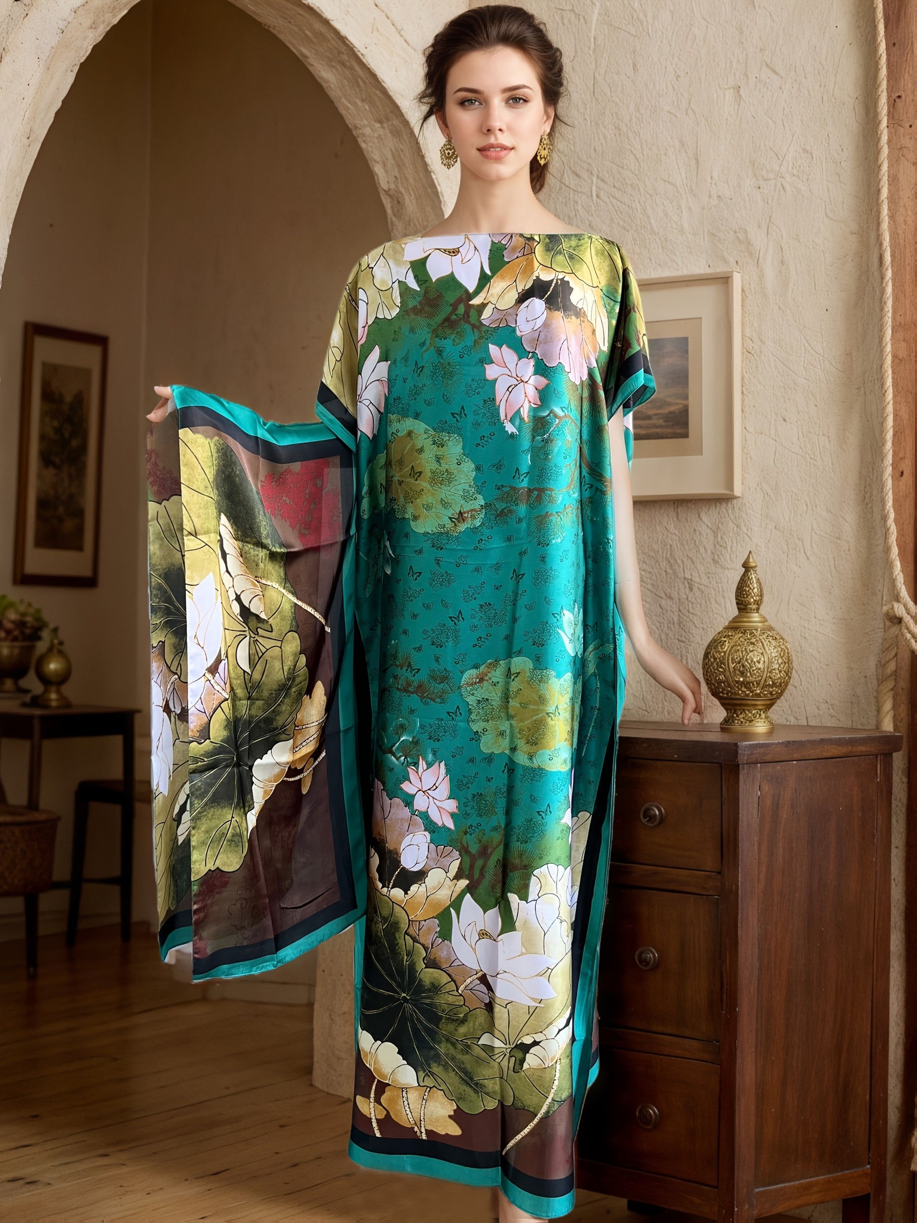 Plus Size Floral Print Maxi Dress With Scarf Loose Fit Short Sleeve All-Season