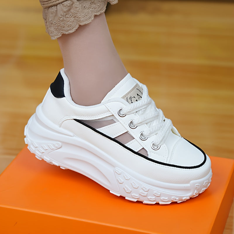 Women's Breathable Mesh Casual Sneakers White Red Chunky Sole