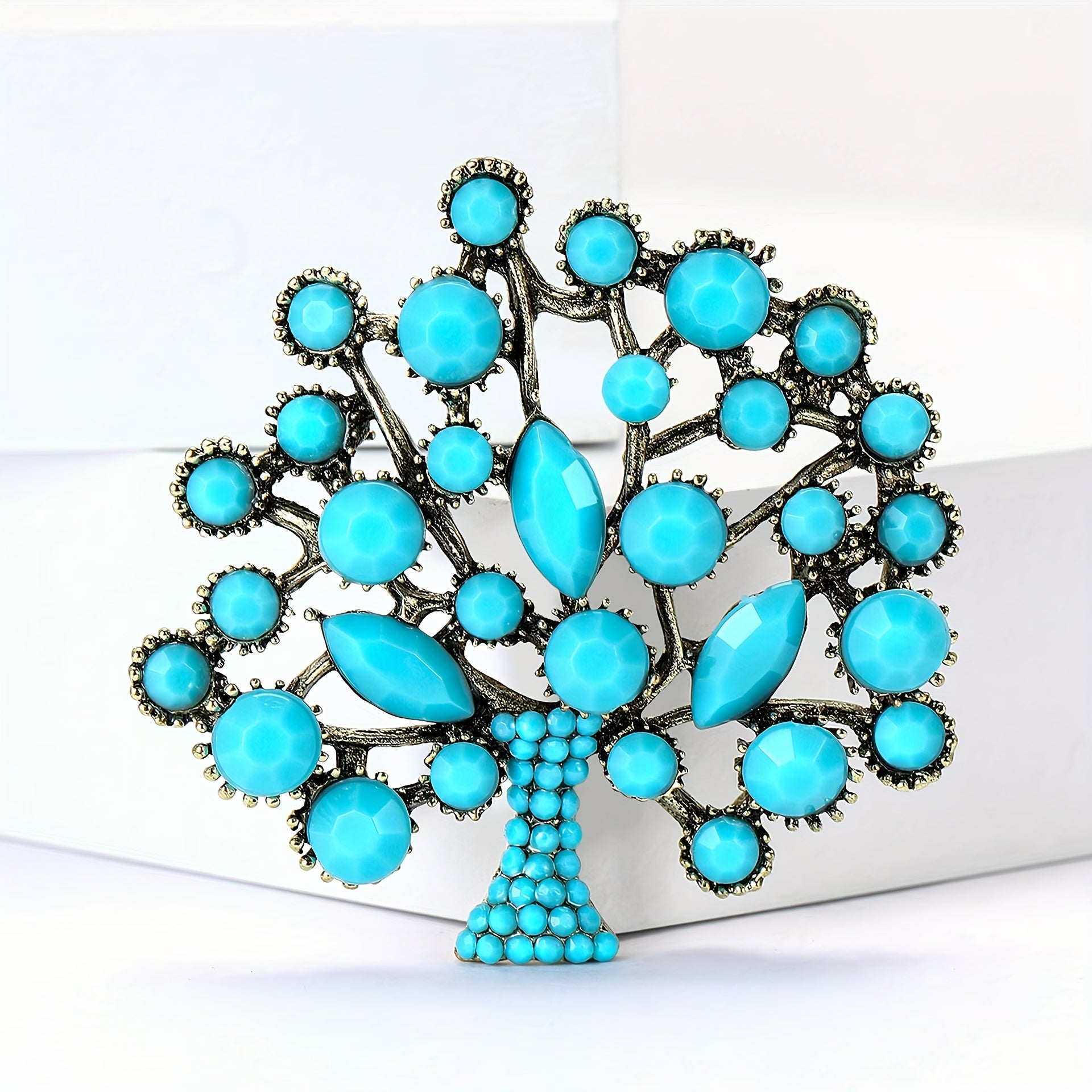 Turquoise Tree of Fortune Brooch Flower-Shaped Pin for Women's Accessories
