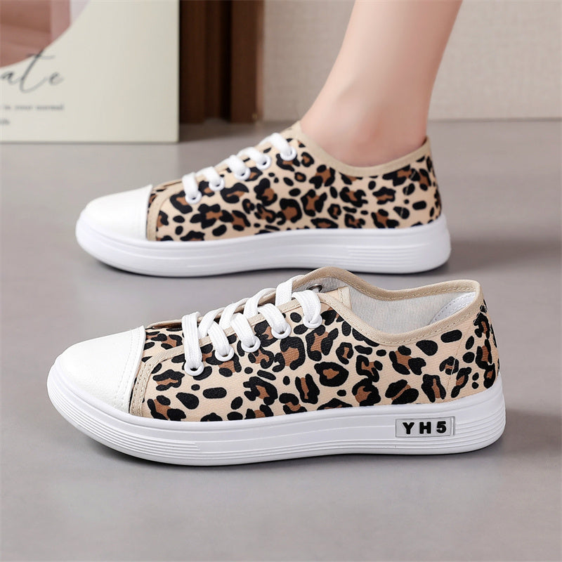 Women's Leopard Print Canvas Shoes Low-Top Flat Sneakers Casual Outdoor Athletic