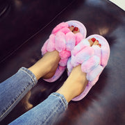 Women's Plush Cross-Strap Slip-On Slippers - Soft Fabric, EVA Sole, Indoor Beige Pink