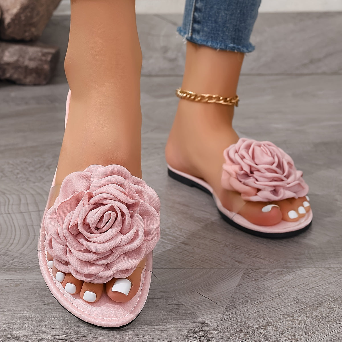 Women's Flower Decor Slip-On Flat Sandals Open Toe Summer Lightweight Shoes