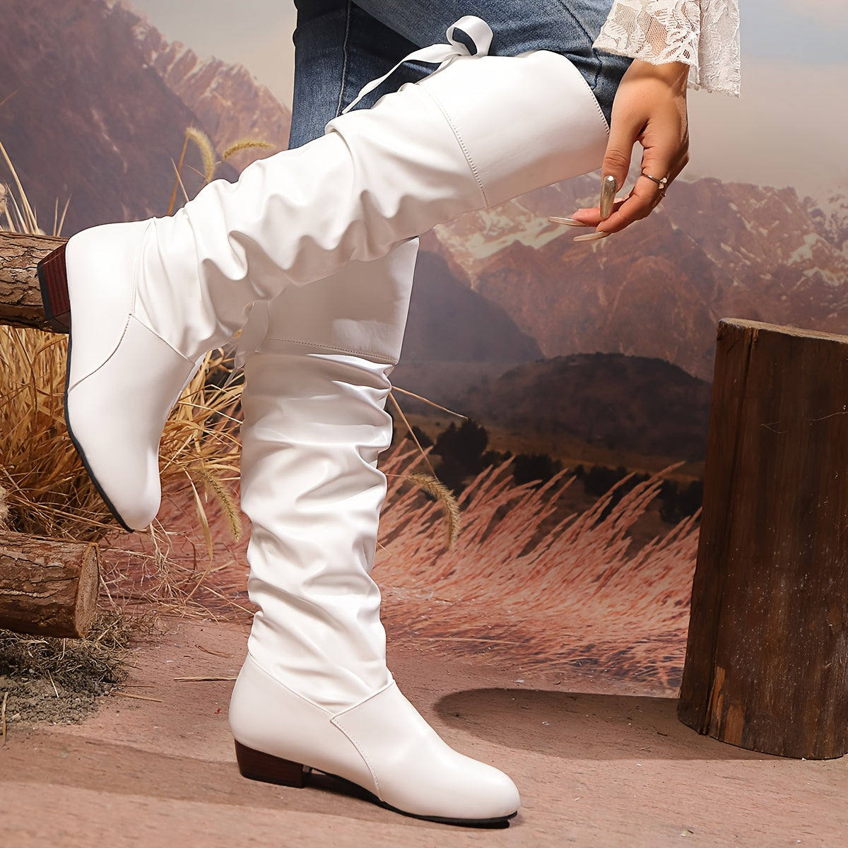 Women's Solid Color Knee-High Boots Casual Back Tie Round Toe Low Block Heel