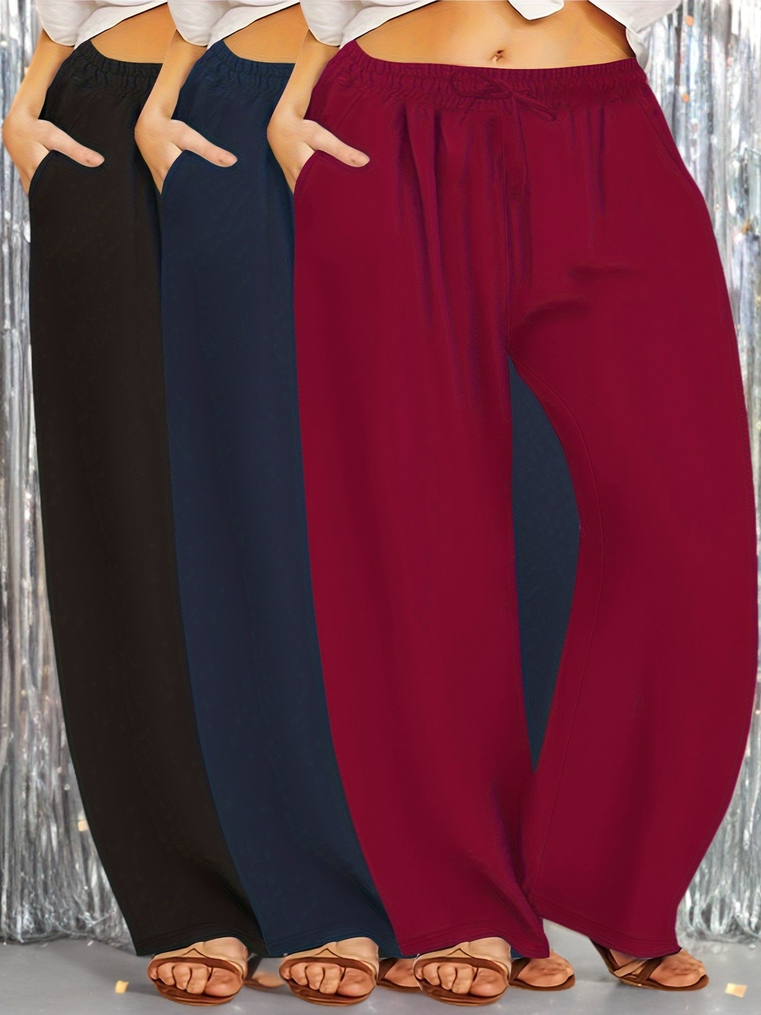 Plus Size Wide Leg Pants Elastic Waistband Drawstring Pockets Cropped Casual