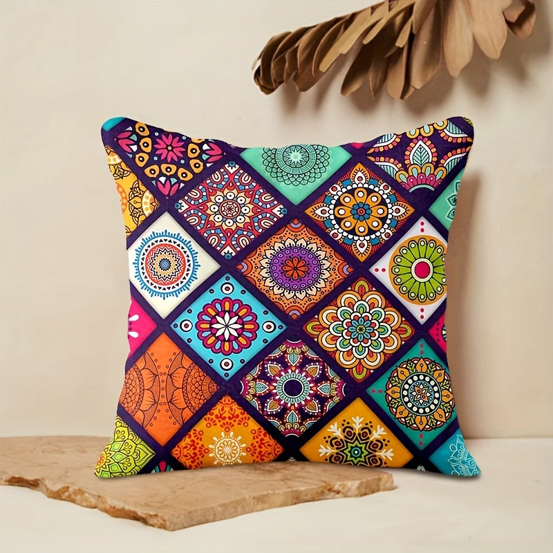Funda de cojín estilo bohemio con mandala de 45cm, doble cara, poliéster para decoración de sofá y cama