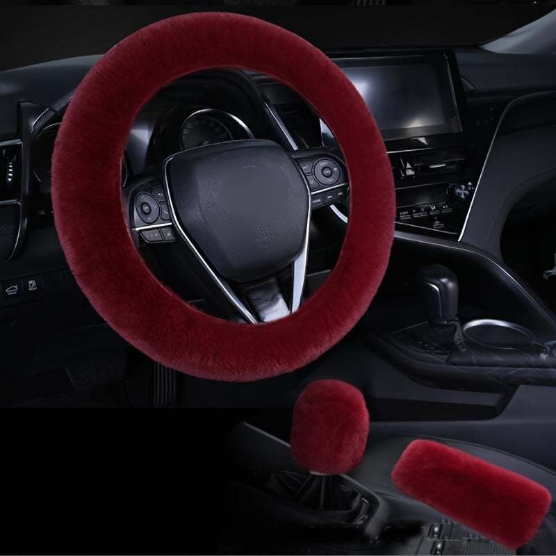 3pcs Winter Fur Plush Steering Wheel Covers Handbrake Gear Shift Fluffy Car SUV