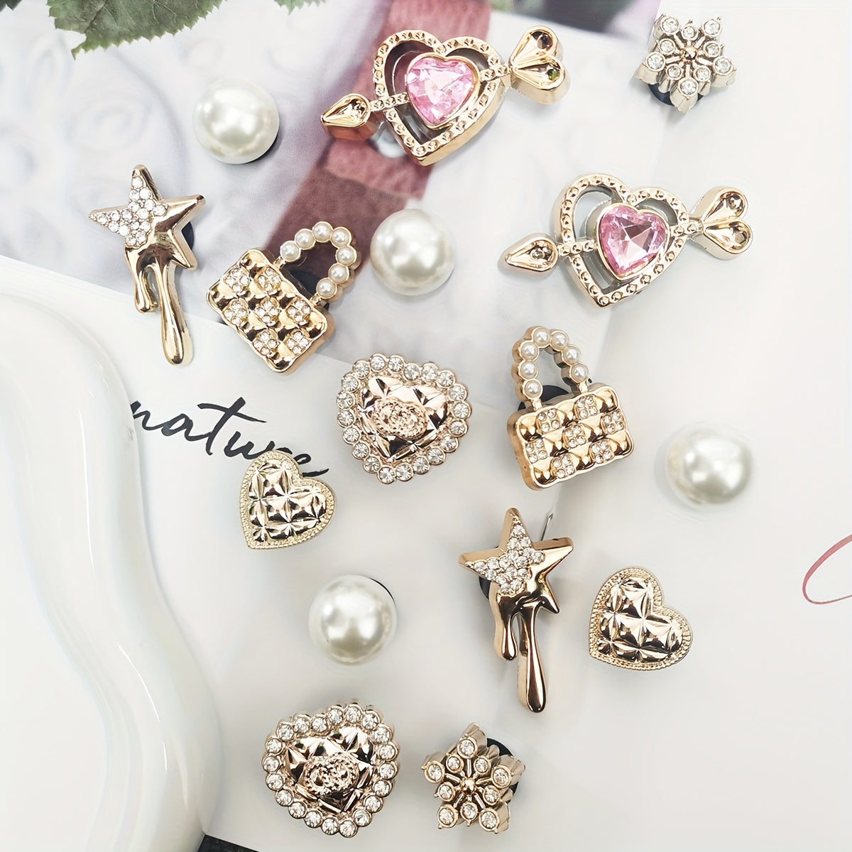 Women's Shoe Charms Set 16pcs Gold Butterfly Heart Rhinestone Snowflake