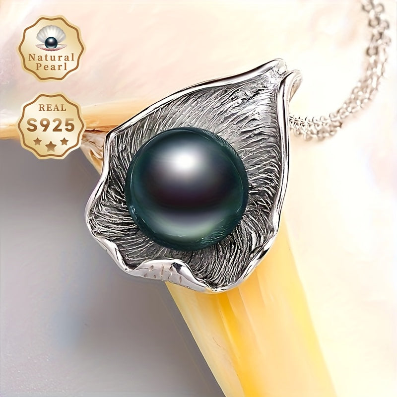 Vintage Tahitian Black Pearl Pendant Necklace Sterling Silver Leaf Design for June Birthdays