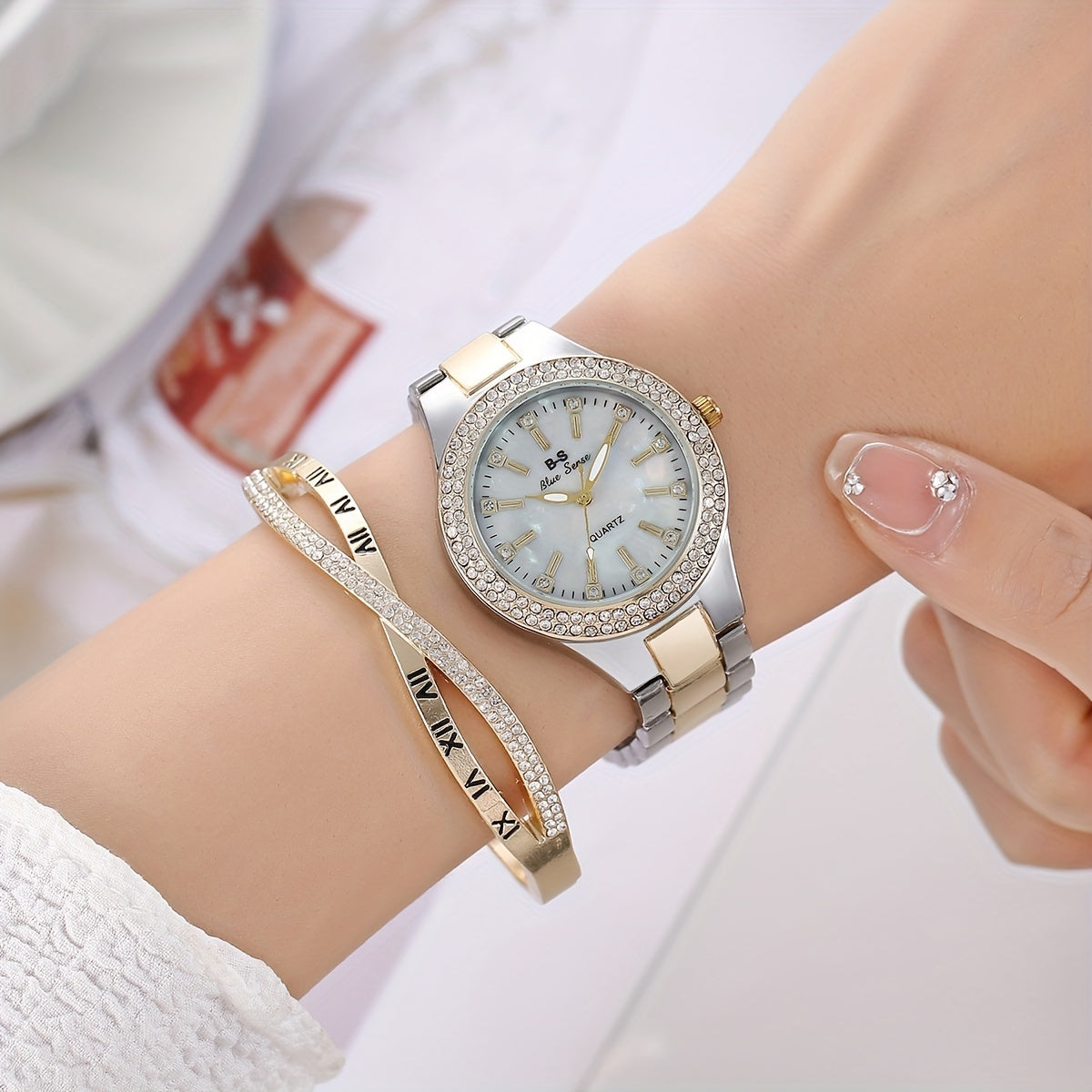 Ladies Cross Bracelet with Steel Strap and Nail Design