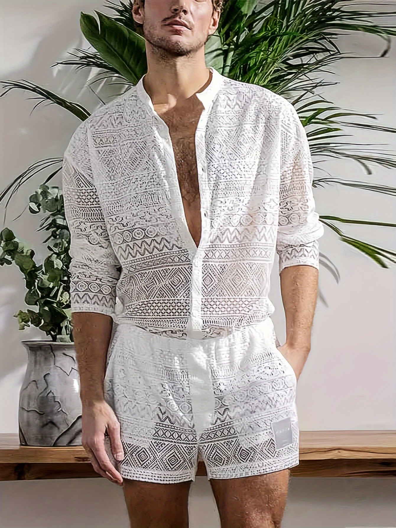 Men's Sheer Lace Shirt and Shorts Set for Beach and Nightclub Summer Wear