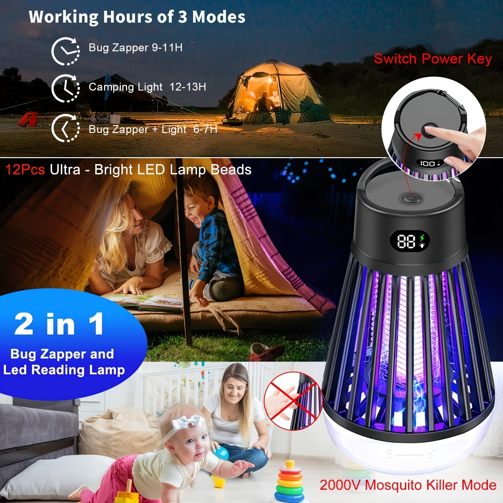 Electric Mosquito Killer Lamp USB Rechargeable Bug Zapper Indoor Outdoor