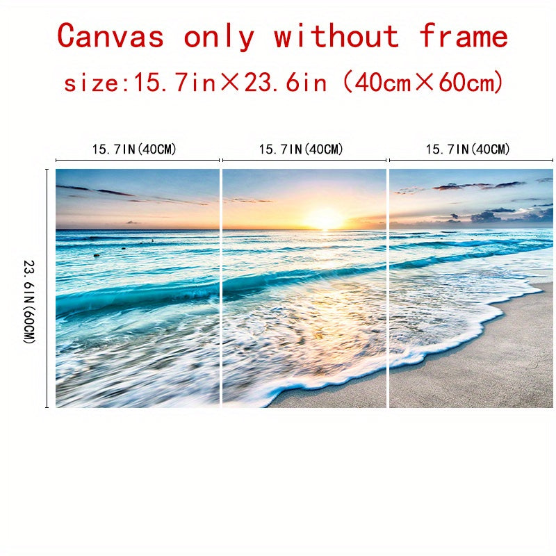 Modern Wave Beach Sunset Canvas Wall Art Set 3 Pieces Frameless Portrait Indoor Decor