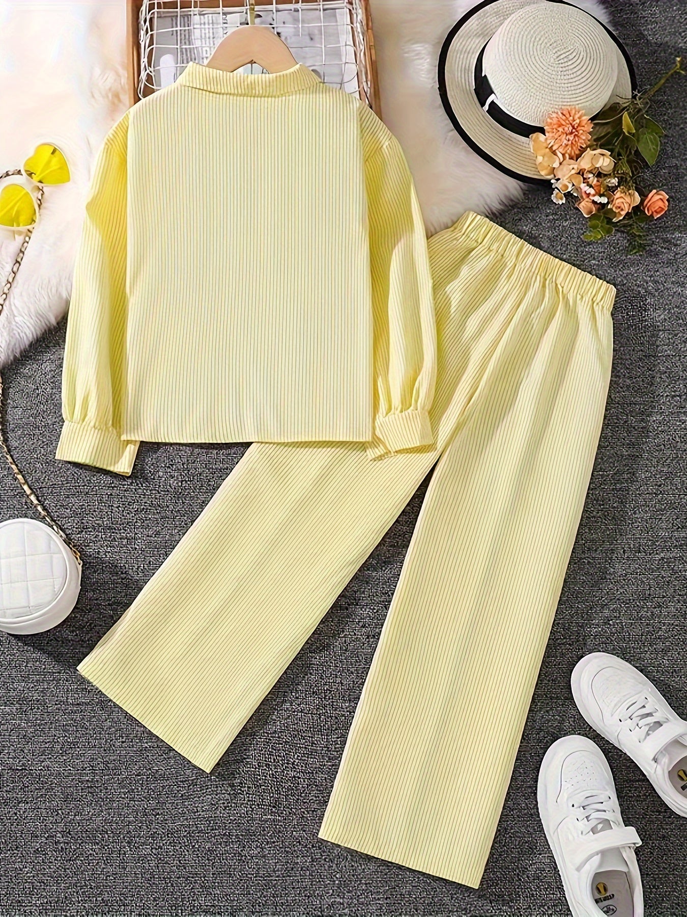 Girls Autumn Striped Long-Sleeve Shirt and Trousers Set Polyester Casual Outdoor Wear