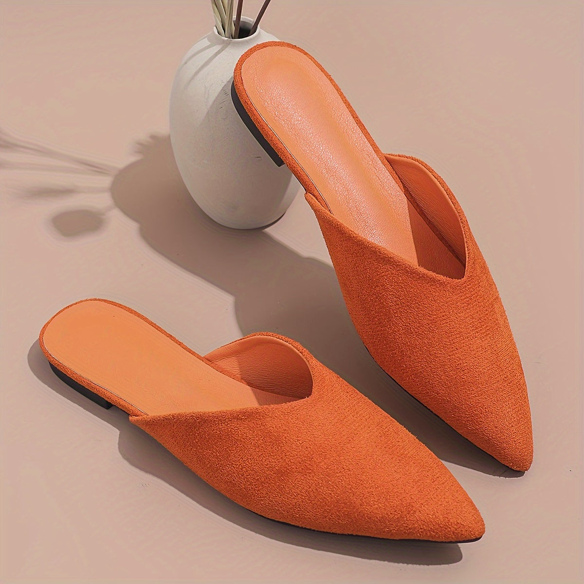 Women's Flat Mules Orange Pointed Toe Slip-On Plus Size Fabric Casual