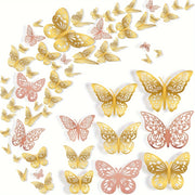 Golden and Rose Glitter 3D Butterfly Wall Stickers for Wedding Birthday Girls Bedroom Reusable Self-Adhesive