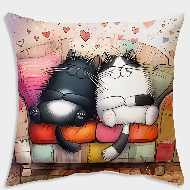 Cartoon Cat Print Linen Throw Pillow Cover 44.96cm x 44.96cm Zipper Closure Woven Polyester Decorative Cushion for Sofa Bedroom