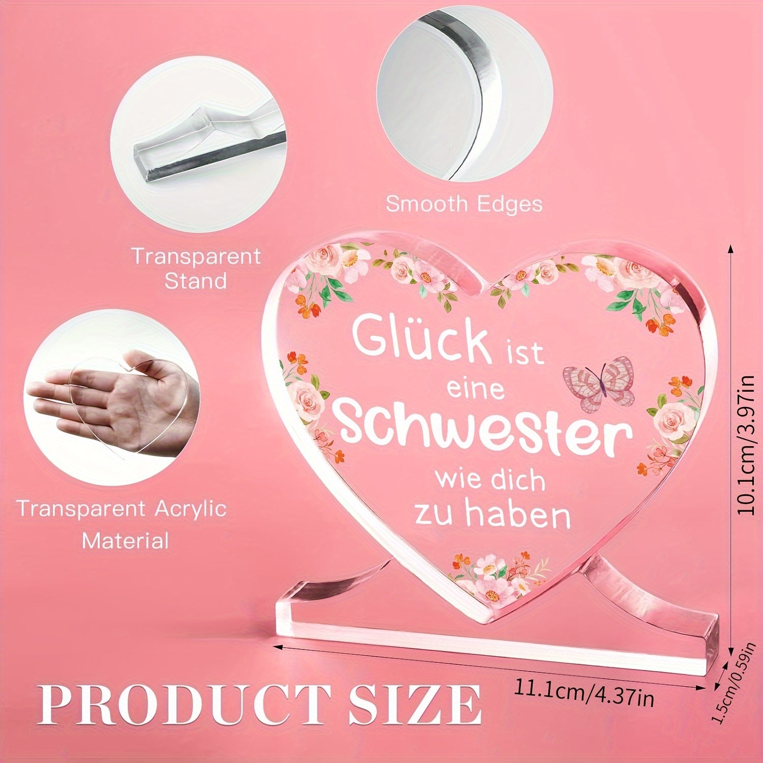 Yurak shaklidagi akril plakat bezak, opa uchun shaxsiylashtirilgan nemis sovg'asi, ofis yoki yotoqxona uchun mos, Shukronalik, Rojdestvo yoki tug'ilgan kun uchun ideal.