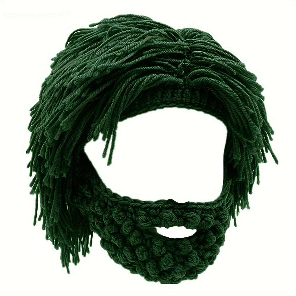 Punk Style Beanie with Attached Straight Hair Wig and Knitted Beard for Parties and Holidays