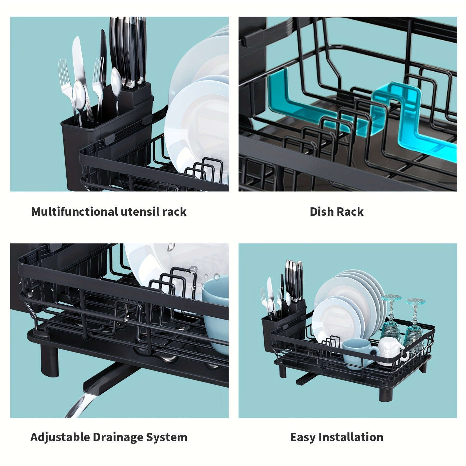 Large Black Dish Drying Rack with Drainboard, Utensil Holder, and Knife Slots