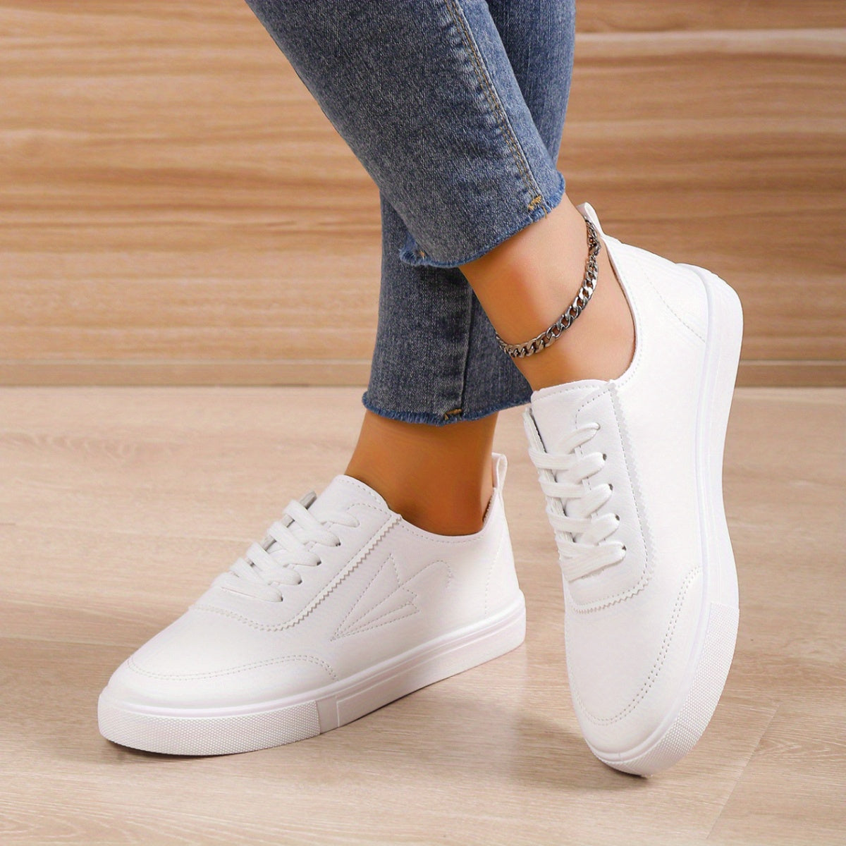 Women's White Faux Leather Low-Top Sneakers Casual Athletic Shoes