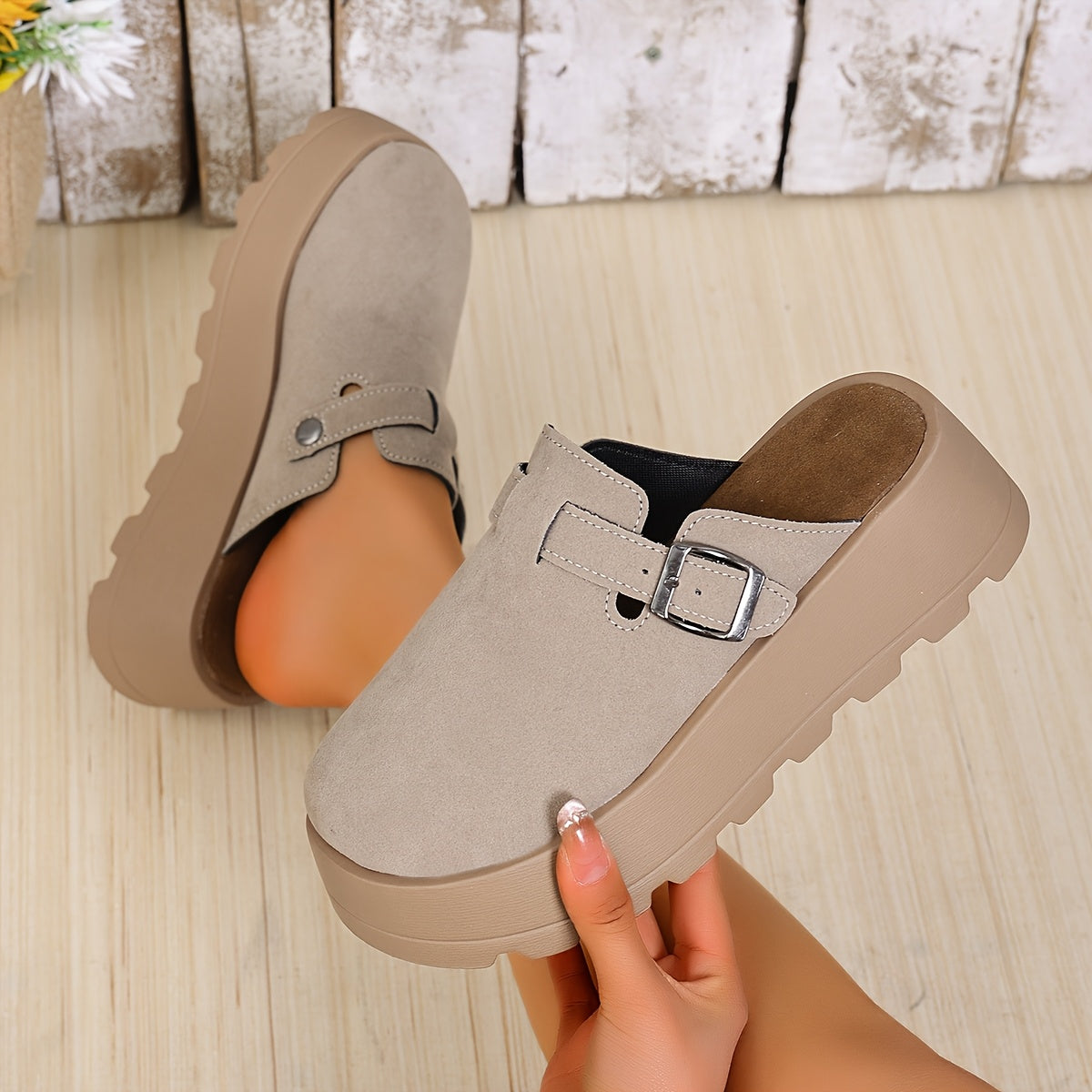 Women Beige Wedge Mules with Adjustable Buckle Slip-On Shoes