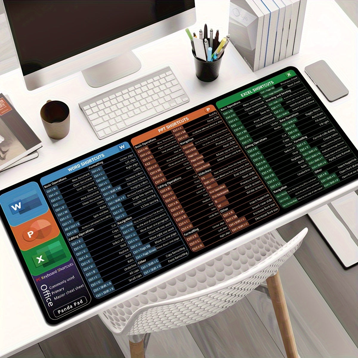 Alfombrilla de ratón extragrande extendida con accesos directos impresos para Word PPT Excel antideslizante y lavable para oficina y juegos
