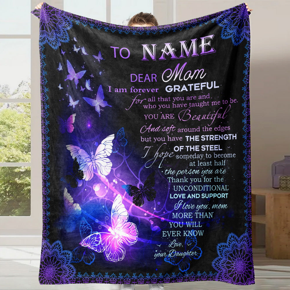 Purple Flannel Blanket Personalized with Custom Text for Mom's Blessing Theme for Cozy Sleep or Camping
