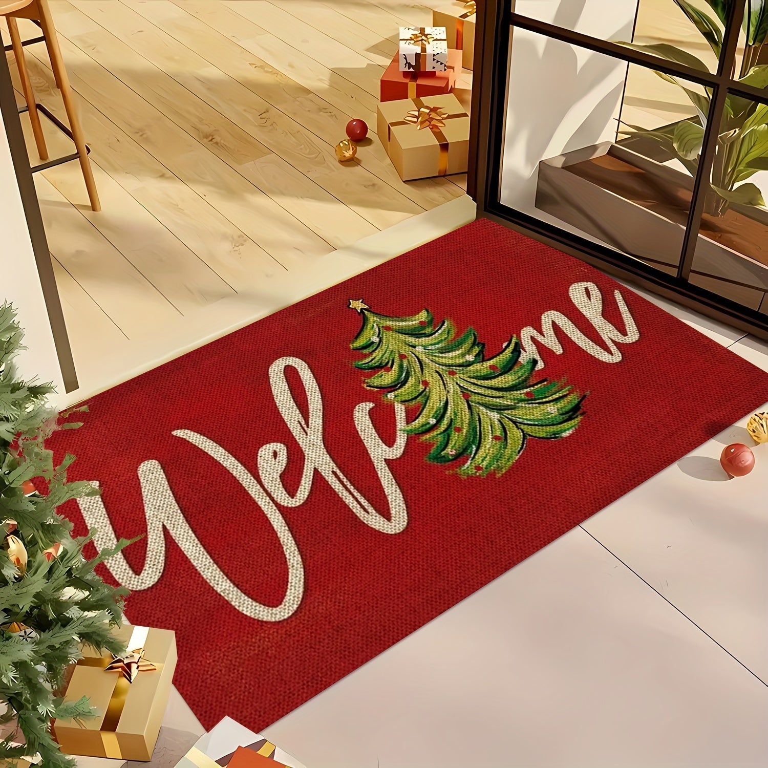 Christmas Doormat Red Polyester Non-Slip Waterproof Stain-Resistant
