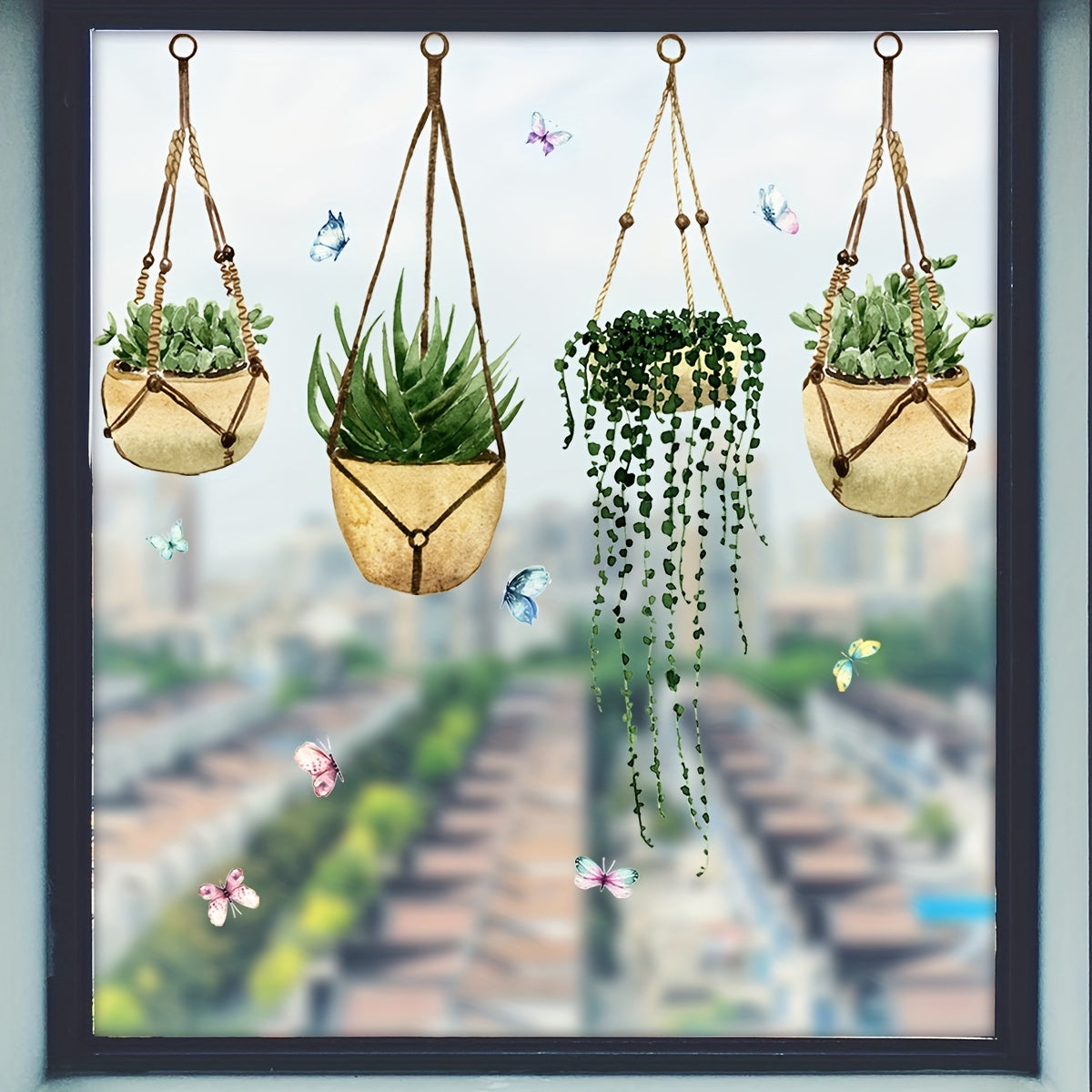 Butterfly and Greenery Potted Plant Window Decals Reversible Washable PVC Glass Stickers