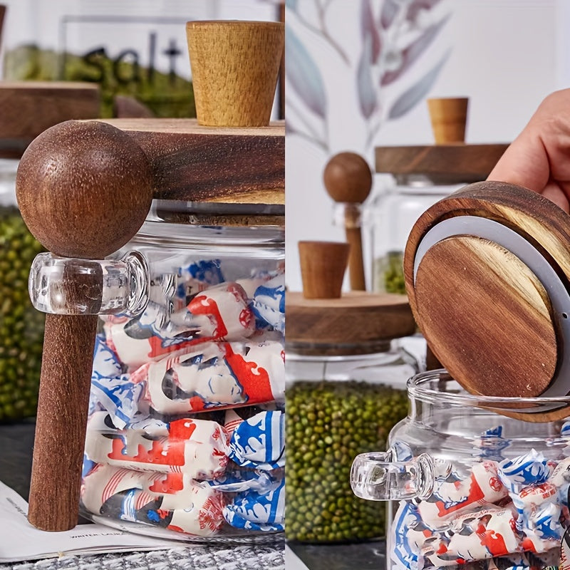 Glass Storage Jar with Acacia Wood Lid and Spoon for Kitchen Food Spices Nuts Candy Airtight Container