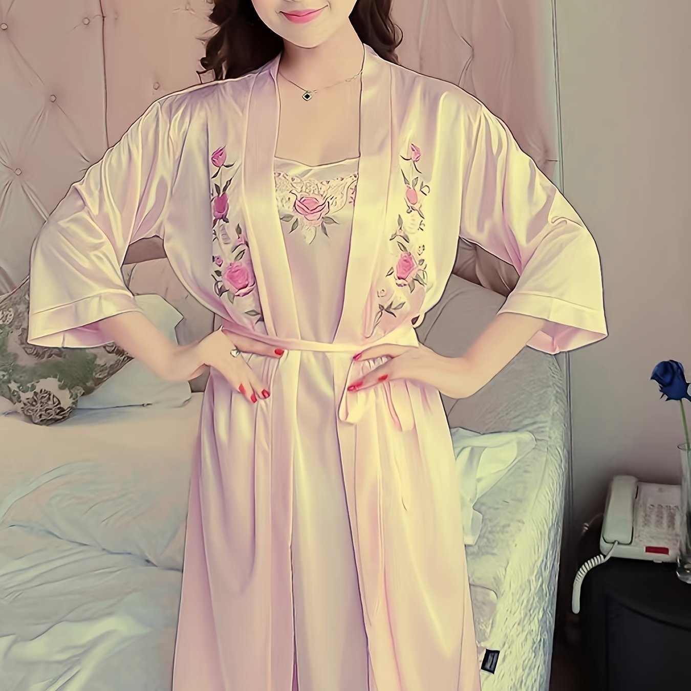 Women's Satin Nightgown Set with Suspenders and Embroidered Solid Color Pajama Sleepwear