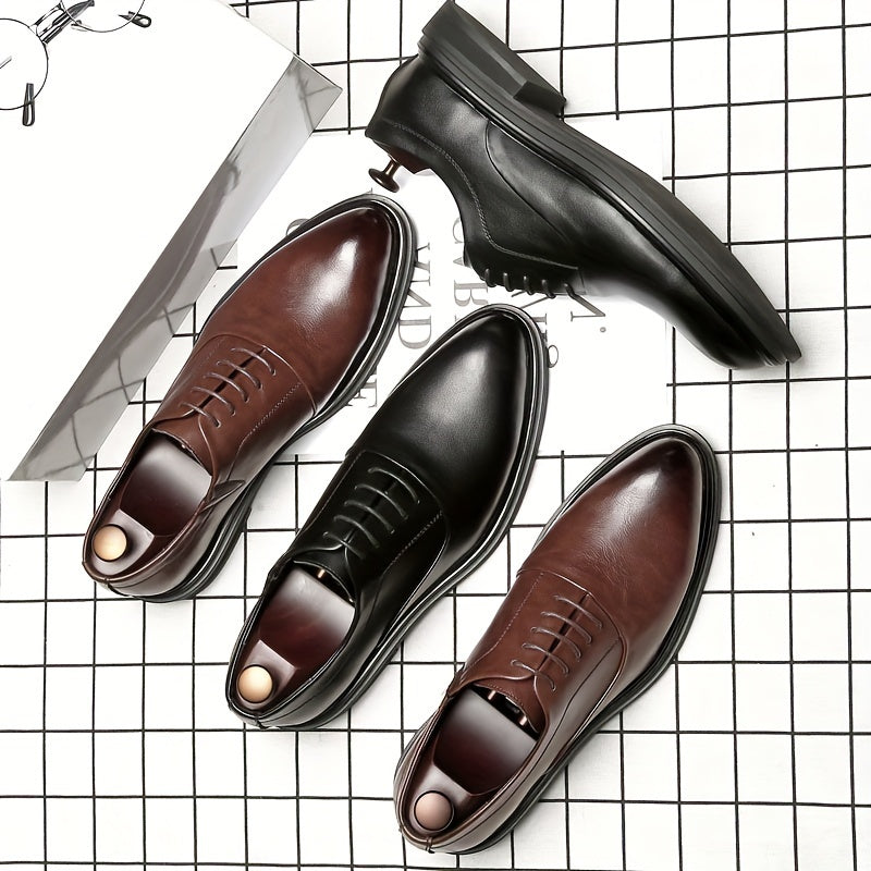 Men's Retro Pointed Toe Business Casual Leather Derby Shoes Black Brown Non-Slip Wear-Resistant